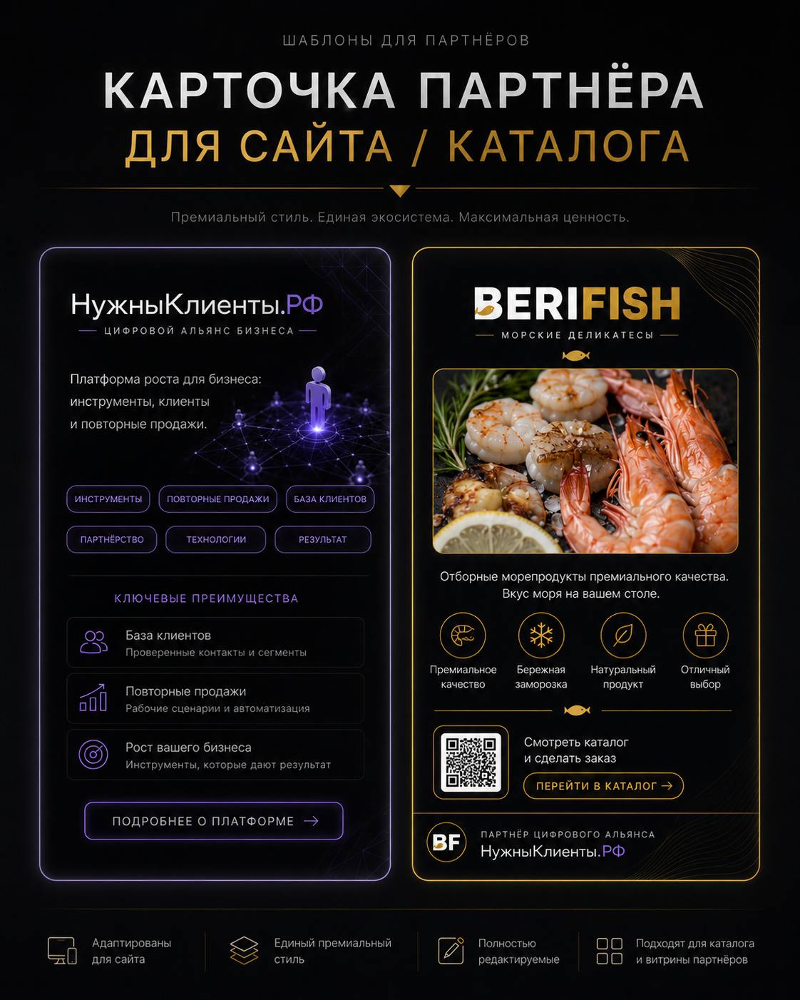 Карточка партнёра для сайта/каталога: НужныКлиенты.РФ и BERIFISH.